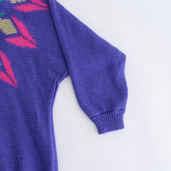 Vintage Franco Valeri Purple Knit Floral Abstract Shoulder Pad Scoop Sweater Xl - Picture 7 of 13